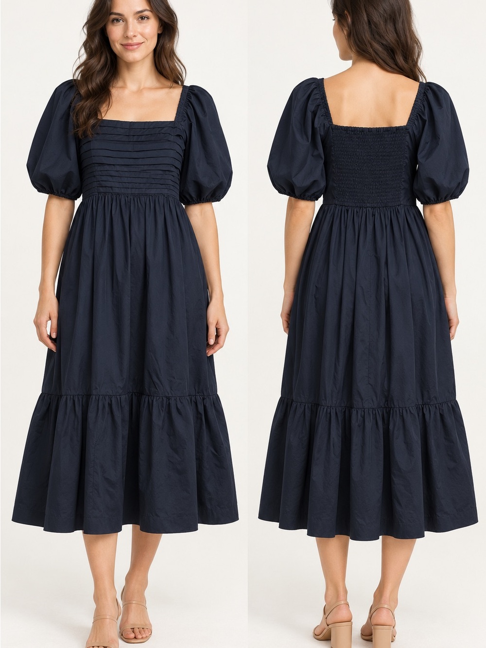 Abercrombie Ruched Puff Sleeve Poplin Midi Dress Navy Medium